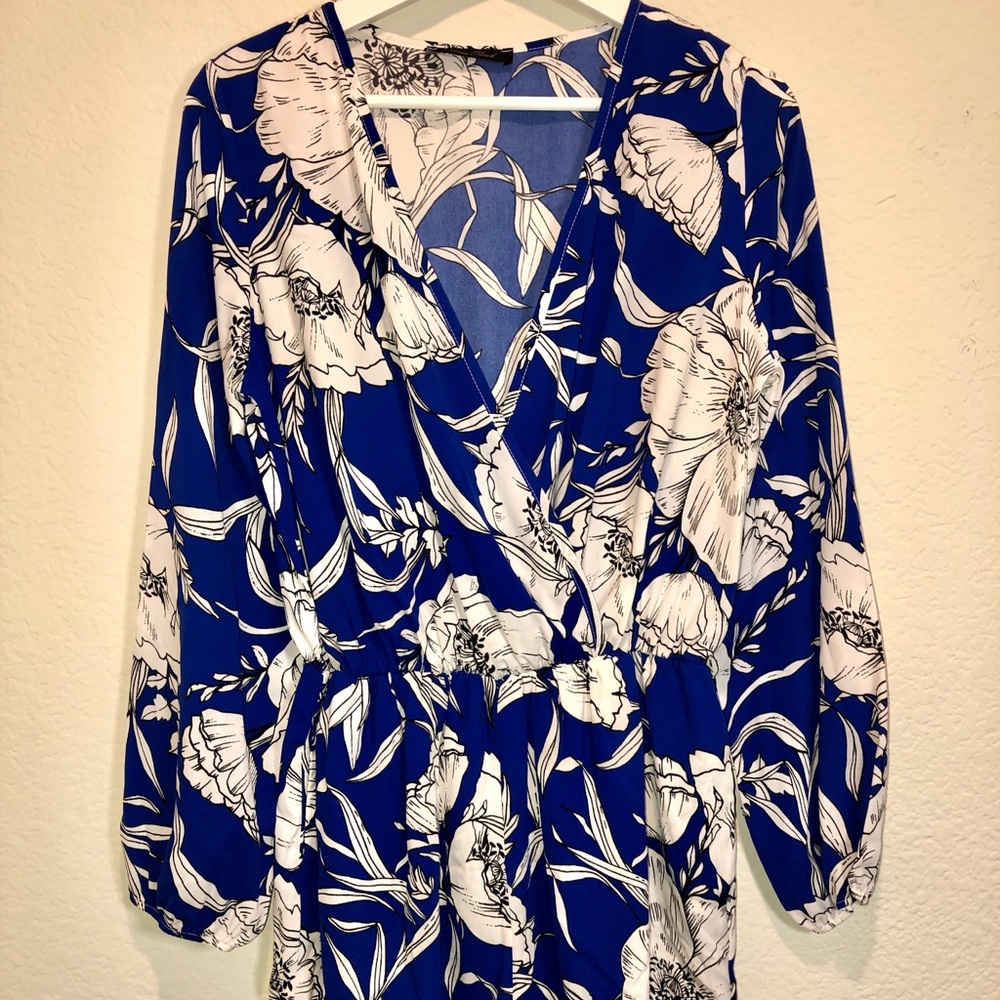 Honey Punch Blue and White Floral Jumpsuit